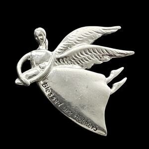 Blessed Are Mothers Brooch Pin Silver Tone Flying Angel Holding Baby 2" Vintage